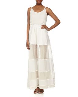 Sleeveless Dotted Tiered Maxi Dress, Ivory