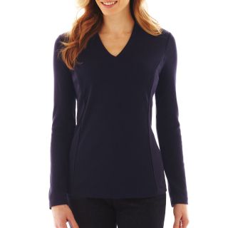 LIZ CLAIBORNE Long Sleeve Solid High Back Knit Tee, Navy, Womens