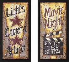 Lights, Camera, Action! and Movie Night Framed Theater Wall Art Pair