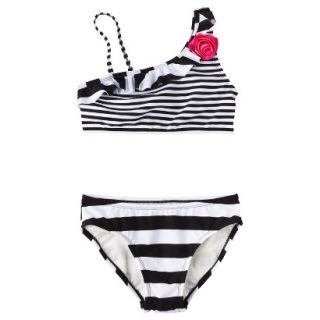Girls 2 Piece Asymmetrical Striped Bikini Swimsuit Set   Black/White XS