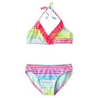 Girls 2 Piece Striped Halter Bikini Swimsuit Set   Rainbow M