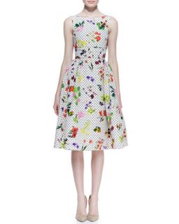 Womens Polka Dot Botanical Silk Faille Dress, White/Multicolor   Oscar de la