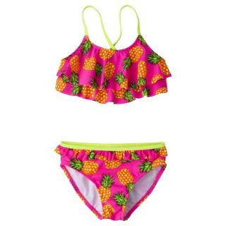 Girls 2 Piece Ruffled Pineapple Bandeau Bikini Swimsuit Set   Pink XS