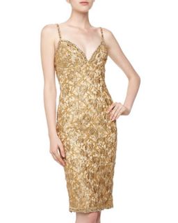 Sleeveless Stitched Beading Satin Dress, Gold