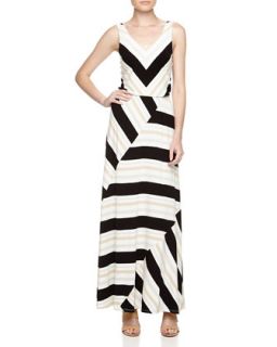 Chevron & Mixed Stripe Maxi Dress, Black/Ivory/Silver/Gold