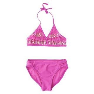 Girls 2 Piece Ruffled Sequin Halter Bikini Swimsuit Set   Pink XS