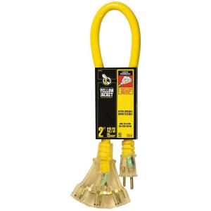 YELLOW JACKET 2 ft. 12/3 STW Extension Cord with 3 Outlet Lighted Power Block   Yellow 2882