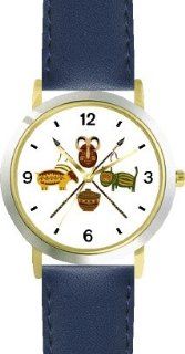 African Art Motifs   Crossing Spears   WATCHBUDDY DELUXE TWO TONE THEME WATCH   Arabic Numbers   Blue Leather Strap Size Large ( Men's Size or Jumbo Women's Size ): WatchBuddy: Watches