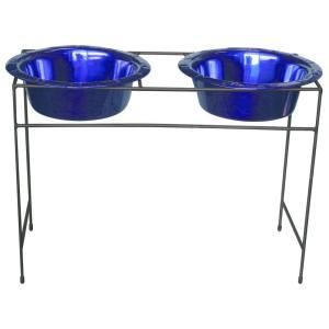 Platinum Pets 8 Cup Wrought Iron Modern Diner Dog Stand with Extra Wide Rimmed Bowls in Blue MDDS64BLU