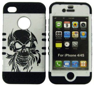 For Apple Iphone 4 4s Black Skull On Silver Heavy Duty Case + Black Rubber Skin Accessories Cell Phones & Accessories