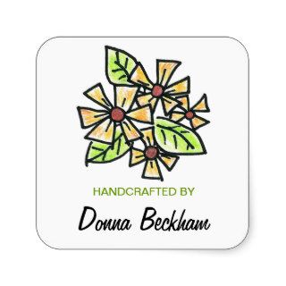Yellow Flowers "Handcrafted by" Labels Square Stickers