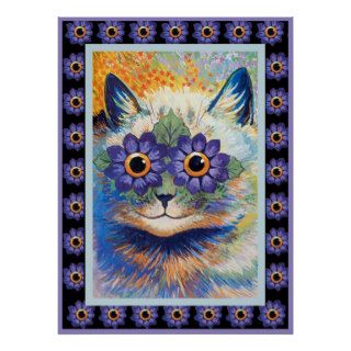 Vintage Hippy Flower Cat Poster Print