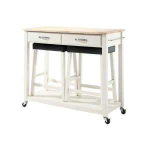 Crosley 42 in. Natural Wood Top Kitchen Island Cart with Two 24 in. Upholstered Saddle Stools in White KF300514WH
