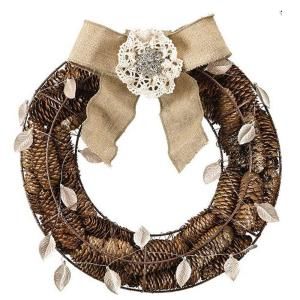 Home Decorators Collection 14.5 in. W Round Pinecone Wreath with Burlap Bow 1836910820