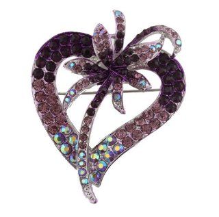 2 Pieces of Silver with Purple Iced Out Heart Outline with Lily Flower Style Brooch & Pin Pendant: Brooches And Pins: Jewelry