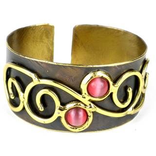 Handmade Pink Tiger Eye and Scroll Brass Cuff (South Africa) Global Crafts Bracelets
