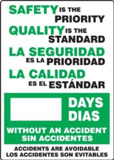 Accuform Signs SBMSR129PL Plastic Write A Day Bilingual Scoreboard, "Safety Is The Priority   Quality Is The Standard   #### Days Without An Accident   Accidents Are Avoidable" (English/Spanish), 14" Length X 20" Height Industrial Warn