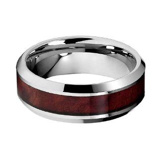 *** LASER ENGRAVING SERVICE *** 8mm Genuine Mahogany Wood Inlay Cobalt Free Tungsten Carbide Comfort Fit Wedding Band Ring (Size 8 to 14): The World Jewelry Center: Jewelry