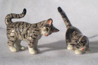CAT GREY TIGER Pair Playing 1 Stalking 1 Crouching New MINIATURE Figurine Porcelain KLIMA L171B   Collectible Figurines