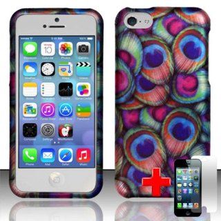 Apple iPhone 5C/Lite   2 Piece Snap On Rubberized Hard Plastic Case Cover, Abstract Peacock Feather Design Blue/Brown + LCD Clear Screen Saver Protector: Cell Phones & Accessories