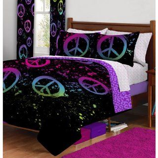 11pc Girl Black Pink Green Purple Peace Sign Queen Comforter Set and 2 Curtain Sets (11pc Room in a Bag)   Sports Fan Bed In A Bag