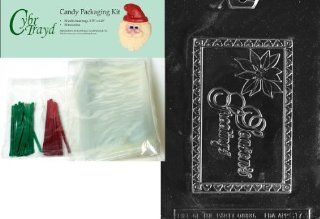 Cybrtrayd MdK50C C173 Seasons Greetings with Poinsettia Christmas Chocolate Mold with Chocolate Packaging Kit and Molding Instructions, Includes 50 Cello Bags, 25 Red and 25 Green Twist Ties: Candy Making Molds: Kitchen & Dining