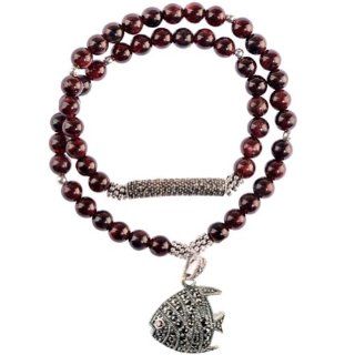 Honeystore Women's Red Garnet 925 Sterling Silver Fish Pendant Stretch Bracelet Color Red Silver Jewelry