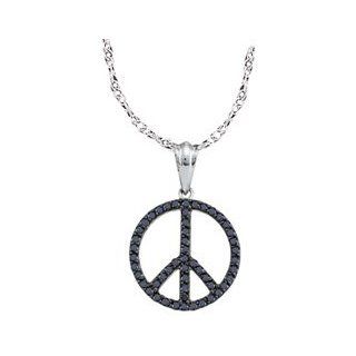14k White Gold Black Colored Round Pave Diamond Womens Ladies Unique Peace sign Circle Fashion Pendant with 18" Chain   .75 (3/4) Ct.t.w.: Jewelry