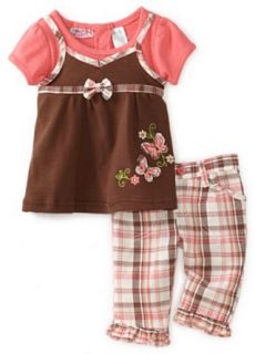Young Hearts Baby Girls Infant Mock Double Layer Skirt With Plaid Woven Pant Set, Pink/Brown, 12 Months: Clothing