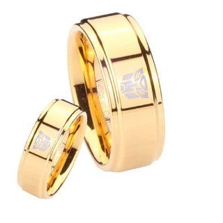 2 Pieces Tungsten Transformers Autobot Gold IP Step Edges Ring Set Size 4, 7: Jewelry