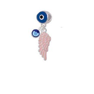 Medium Pink Enamel Angel Wing Blue Evil Eye Charm Bead Dangle with Crystal Drop: Jewelry