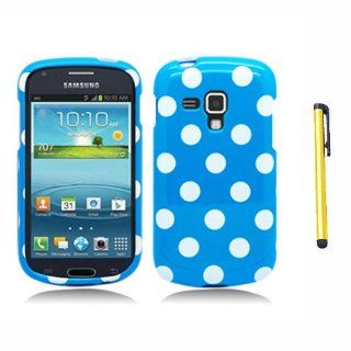 Hard Plastic Snap on Cover Fits Samsung i407 Galaxy Amp White Polka Dots Light Blue + A Gold Color Stylus/Pen Aio wireless: Cell Phones & Accessories