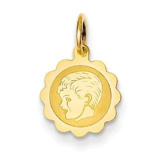 14k Yellow Gold Boy Head on .009 Gauge Engravable Scalloped Disc Charm Pendant: Jewelry
