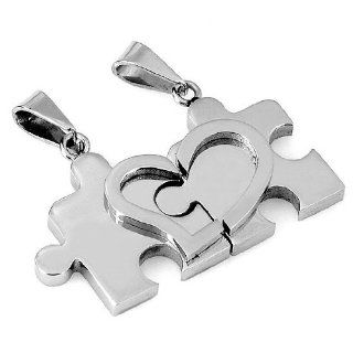 Couple Stainless Steel Jigsaw Bead Pendant Chain Lovers Necklace 20"l: Jewelry