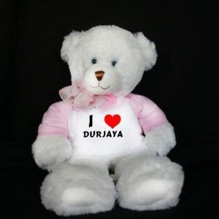 Plush White Teddy Bear (Dena) toy with I Love Durjaya (first name/surname/nickname) Toys & Games