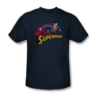 Superman   Flying Over Logo Distressed Adult T Shirt In Navy: Clothing