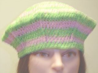 B305x, Hand Crocheted Baby Pink and Lime Green Color Rayon Cotton Stripe Gimp Beret for Men Women and Teens (x large)