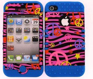 3 IN 1 HYBRID SILICONE COVER FOR APPLE IPHONE 4 4S HARD CASE SOFT LIGHT BLUE RUBBER SKIN ZEBRA PEACE LB TE322 S KOOL KASE ROCKER CELL PHONE ACCESSORY EXCLUSIVE BY MANDMWIRELESS: Cell Phones & Accessories