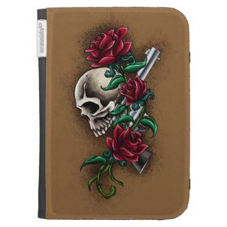 Western Skull with Red Roses and Revolver Pistol Kindle Keyboard Case