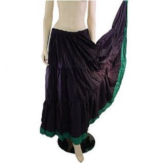 Belly Dancing Circle Skirt, with 3 tiers, 340" hem, Black cotton with Purple, Red or Green trim at bottom, Black/Green: Clothing