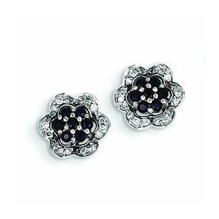 Genuine 14K White Gold Diamond & Sapphire Flower Post Earrings 1.6 Grams of Gold: Dangle Earrings: Jewelry