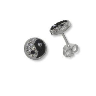Yin Yang Post Stud Earrings with Pave Crystals Sterling Silver 8mm Diameter: Jewelry
