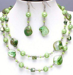 Green Glass Bead Necklace Set 