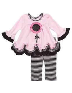 Rare Editions Baby Girls Flower Striped Dress Outfit Legging Set, Pink , 18M: Clothing