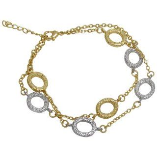 Two Row Hammered Brushed Two Tone Gold Tone and Silver Tone Textured Open Circle Layered Link Bracelet 7" with 1" Extender Jewelry