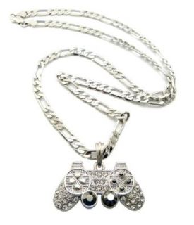 New Iced Out Silver Tone PS3 Game Controller Pendant Necklace w/ 5mm 24" Figaro Chain MSP381R: Clothing