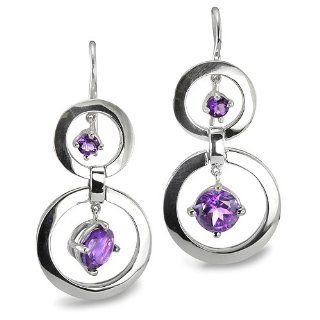 CleverEve Luxury Series Sterling Silver French Wire Twin Circle Earrings w/ Genuine Natural 3mm & 7mm Amethyst Stones: Dangle Earrings: Jewelry