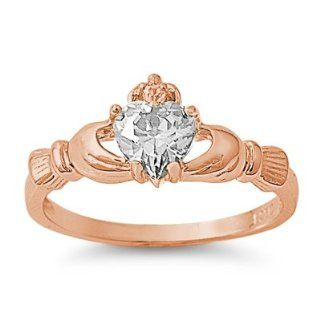 9mm 2ctw 18k rose Gold Plated .925 Sterling Silver April Clear White Topaz Irish Royal Heart Claddagh Ring 4 10 .925 Fine Italian Sterling Silver: Jewelry