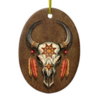 Decorated Native Bull Skull with Feathers Christmas Ornaments