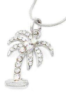 Gorgeous Clear and AB Crystal Tropical Palm Tree Silver Tone Pendant Necklace for Teens and Women: Jewelry